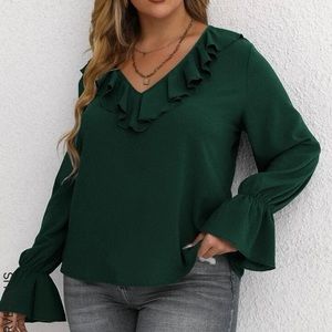 Womens ruffle trim flounce long sleeve dark green v neck blouse size 12